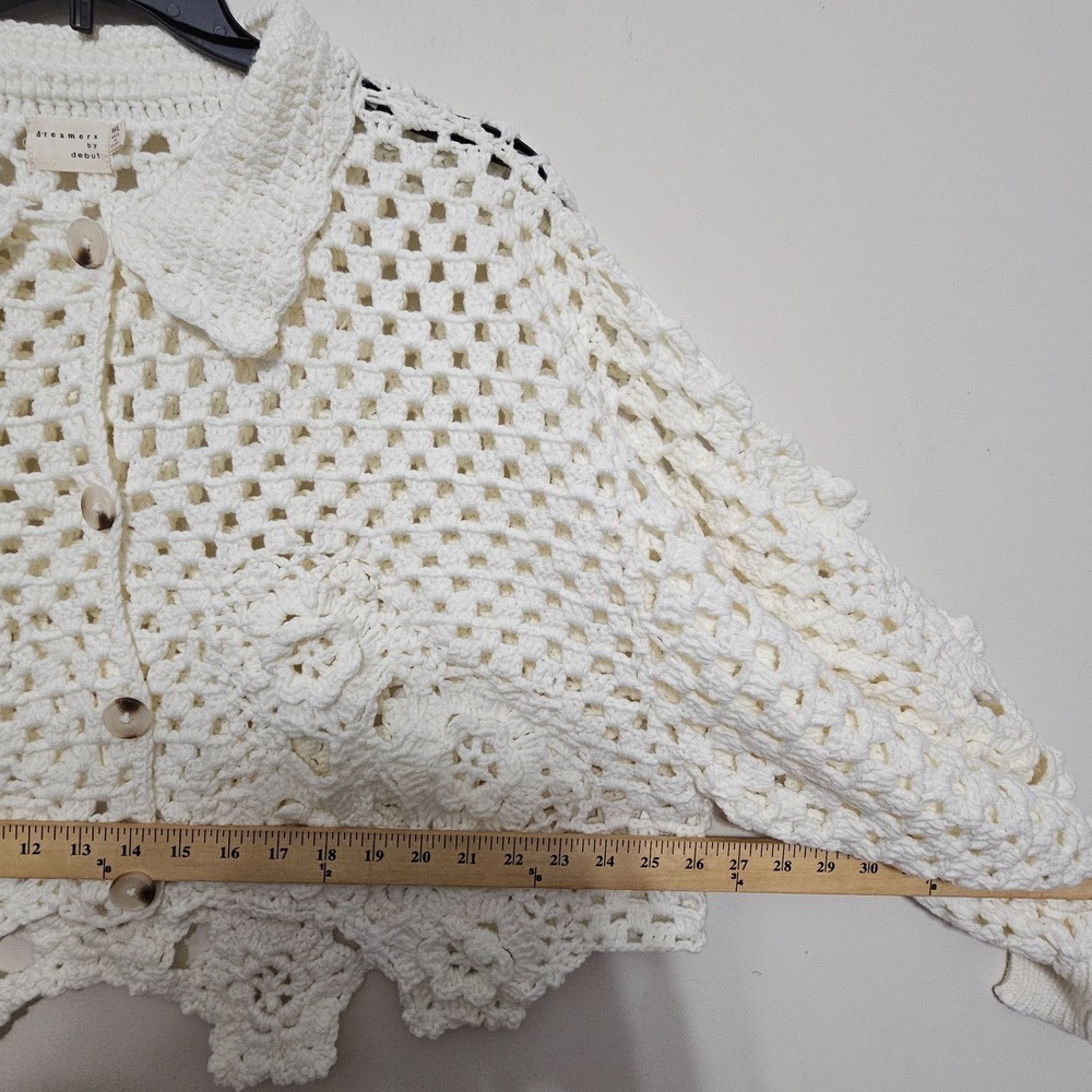 Dreamers Crochet Top Blouse Medium/Large White Long Balloon Sleeves Cropped 1047 - Picture 2 of 10